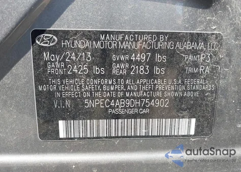 2013 Hyundai Sonata Se 2.0T from USA, damaged, VIN 5NPEC4AB9DH754902